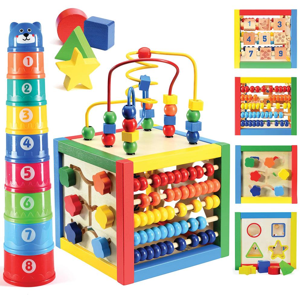 Play22 wooden activity play cube 6 in-1 for baby with removable bead maze, shape sorter, abacus counting beads & numbers, sliding sh
