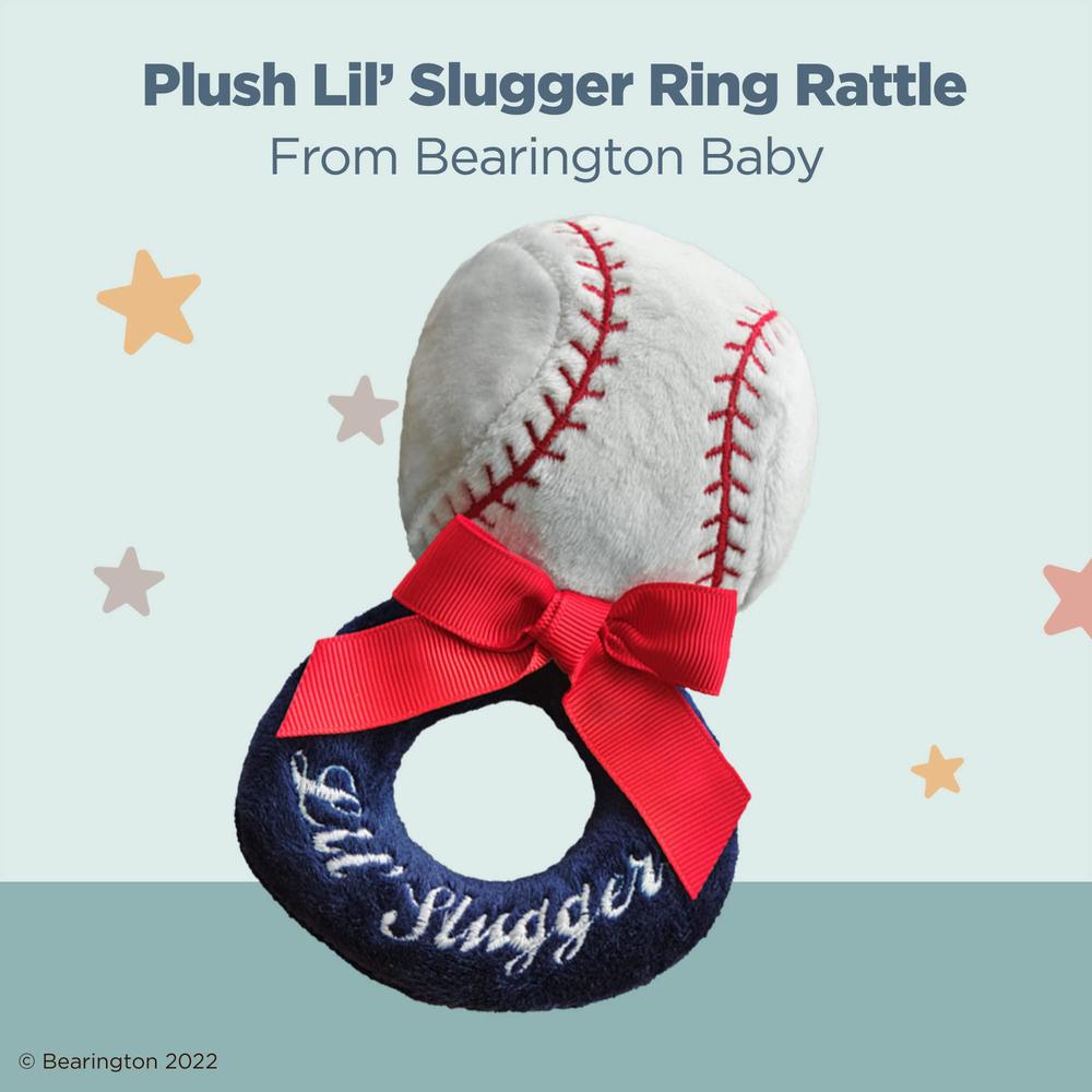 Bearington Collection bearington baby lil slugger, 5.5 inch red, white and blue plush stuffed baby baseball soft ring rattle