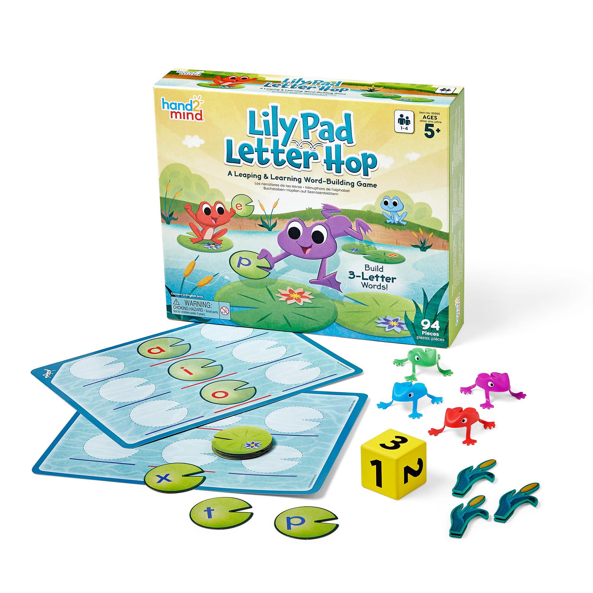 hand2mind lily pad letter hop, cvc word games, sight word games, fine motor skills toys, spelling games, word making games, e