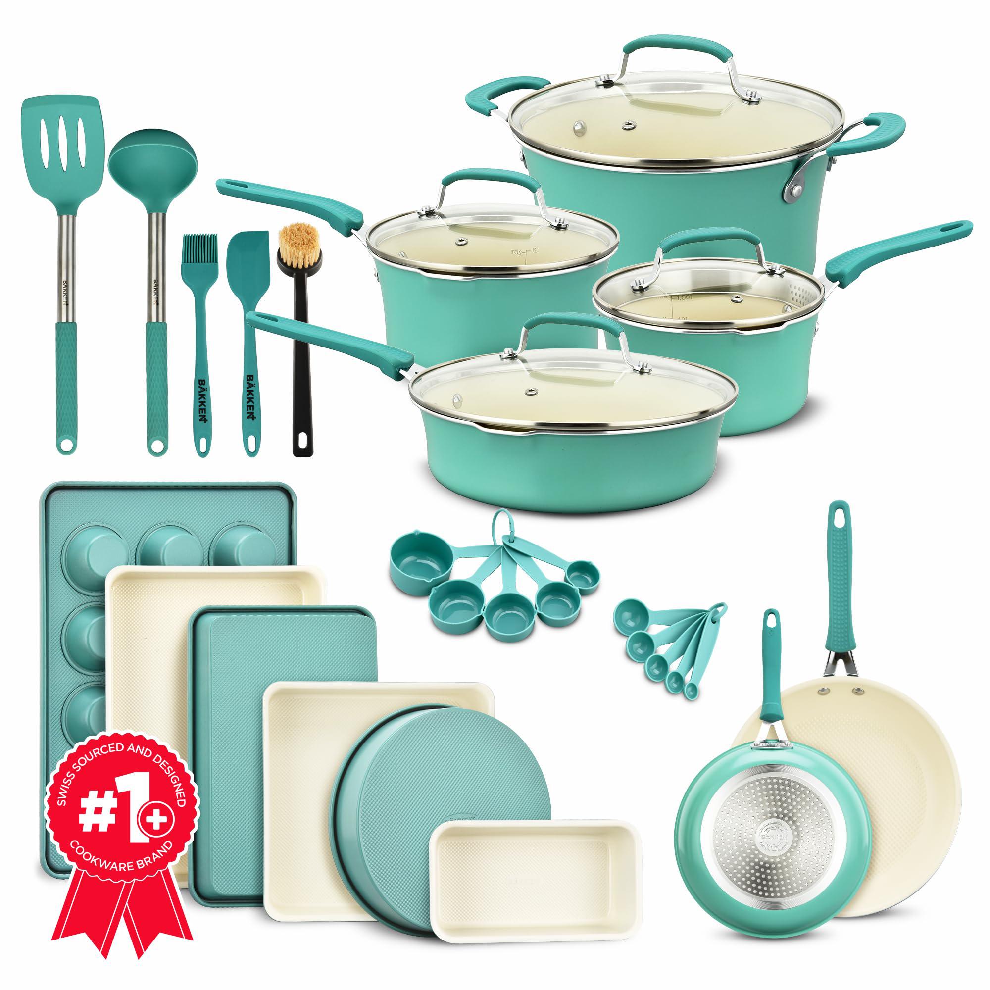 bakken- swiss cookware set - 23 piece -green multi-sized cooking pots with  lids, skillet fry pans and bakeware - reinforced pressed aluminu