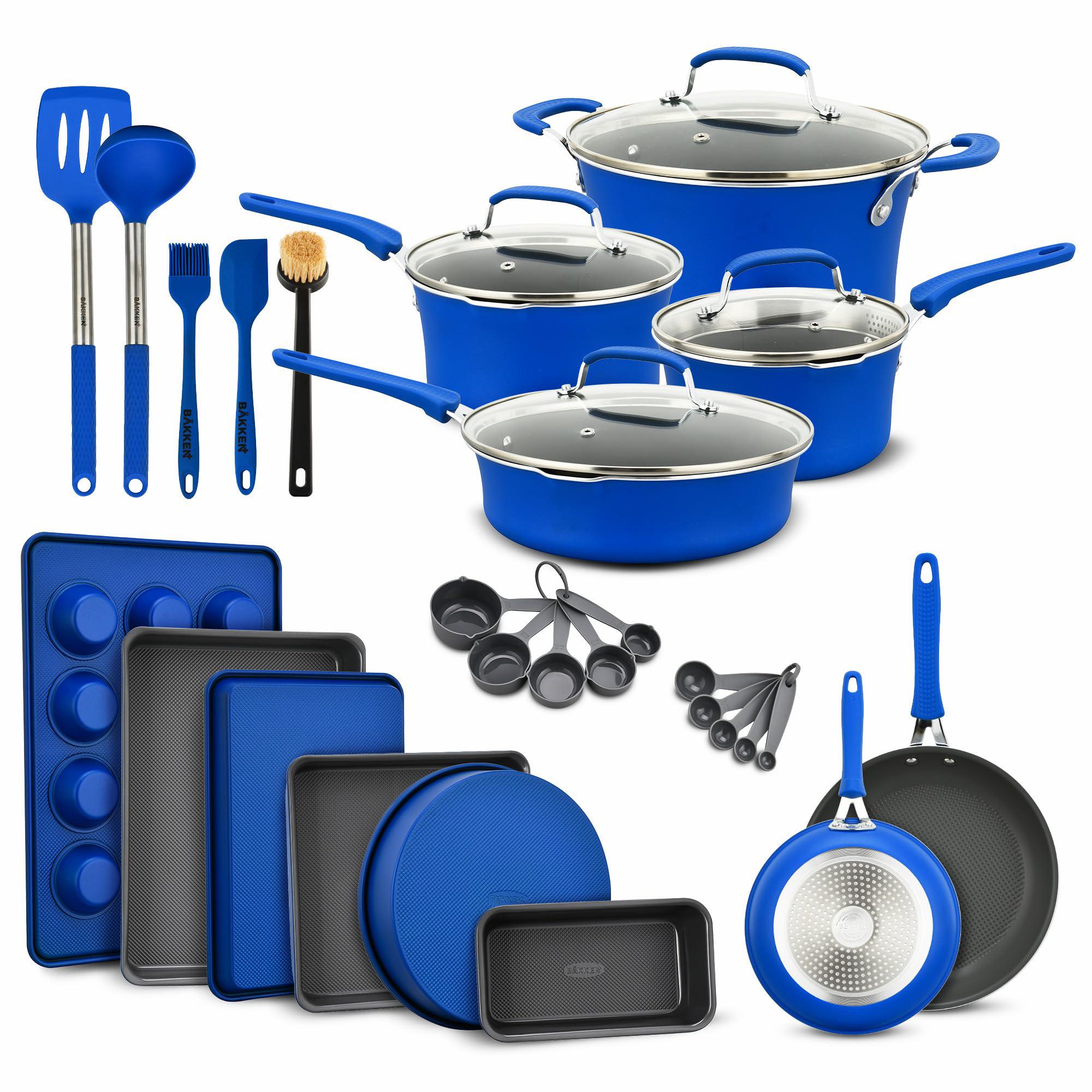 bakken- swiss cookware set - 23 piece -blue multi-sized cooking pots with  lids, skillet fry pans and bakeware - reinforced pressed aluminum