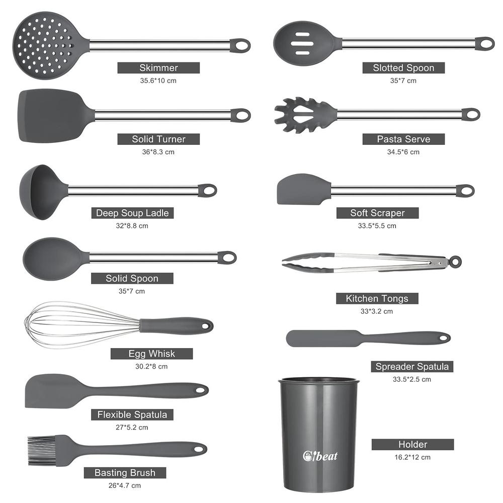 fashionwu 13-piece silicone cutlery set, kitchen cooking tool set with cutlery holder, including tongs, spatulas, spoons and 