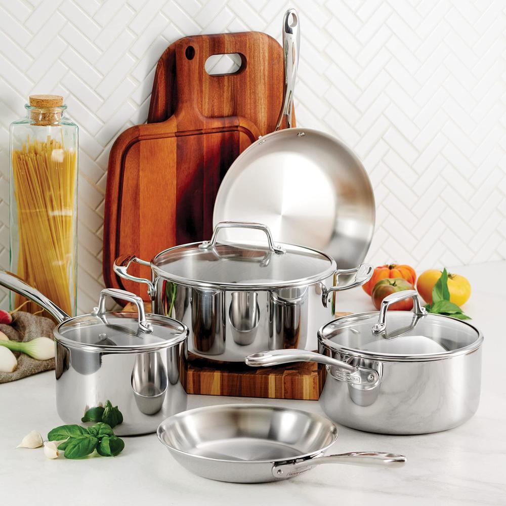 tramontina stainless steel tri-ply clad 8-piece cookware set, glass lids, 80116/1010ds