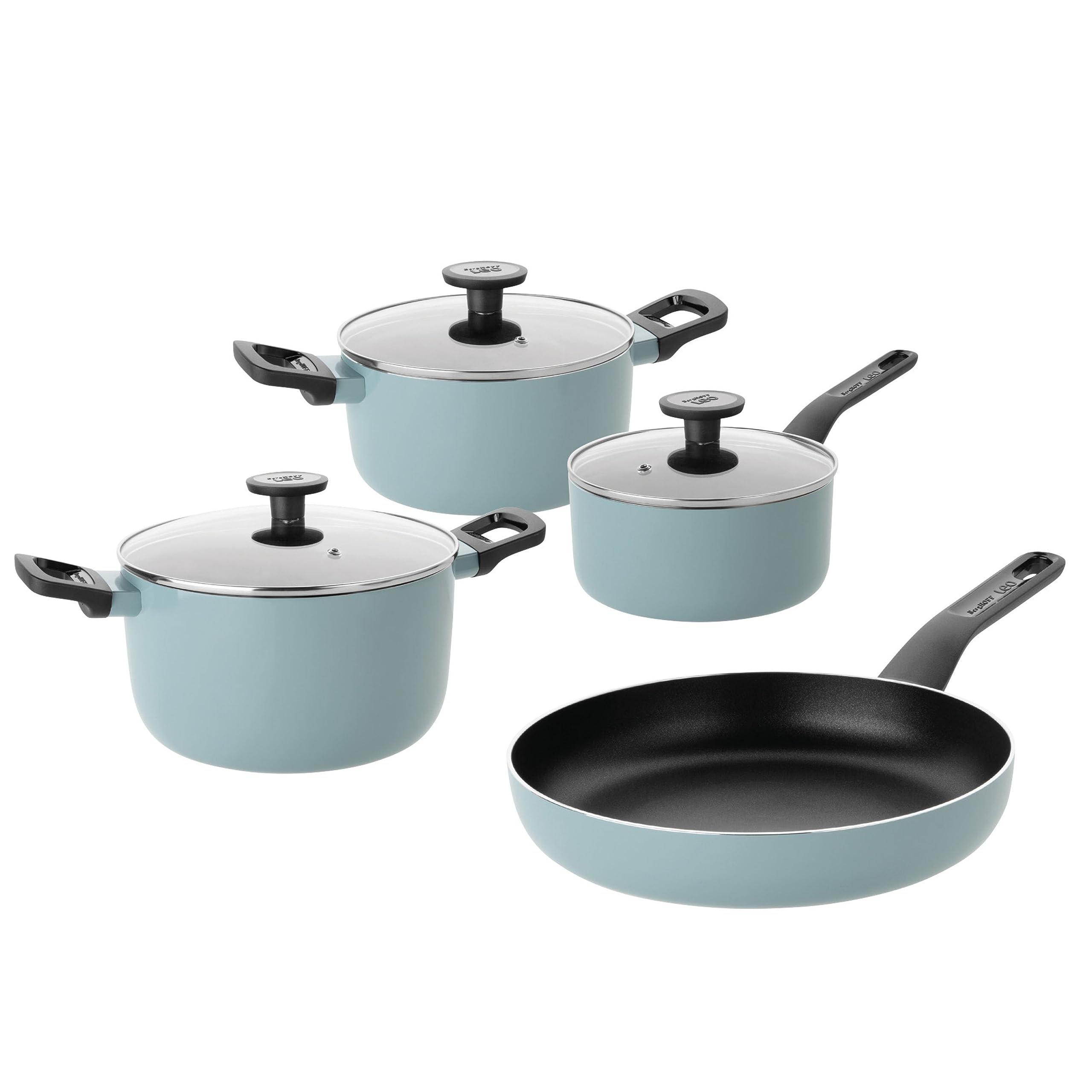 berghoff slate non-stick 7pc cookware set, glass lid with steam vent, pressed aluminum, fernogreen non-toxic nonstick coating