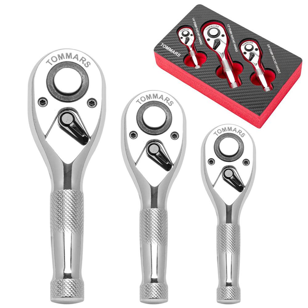 tommars stubby ratchet set, 1/4", 3/8", 1/2" drive ratchet handle wrench 72-tooth quick-release reversible