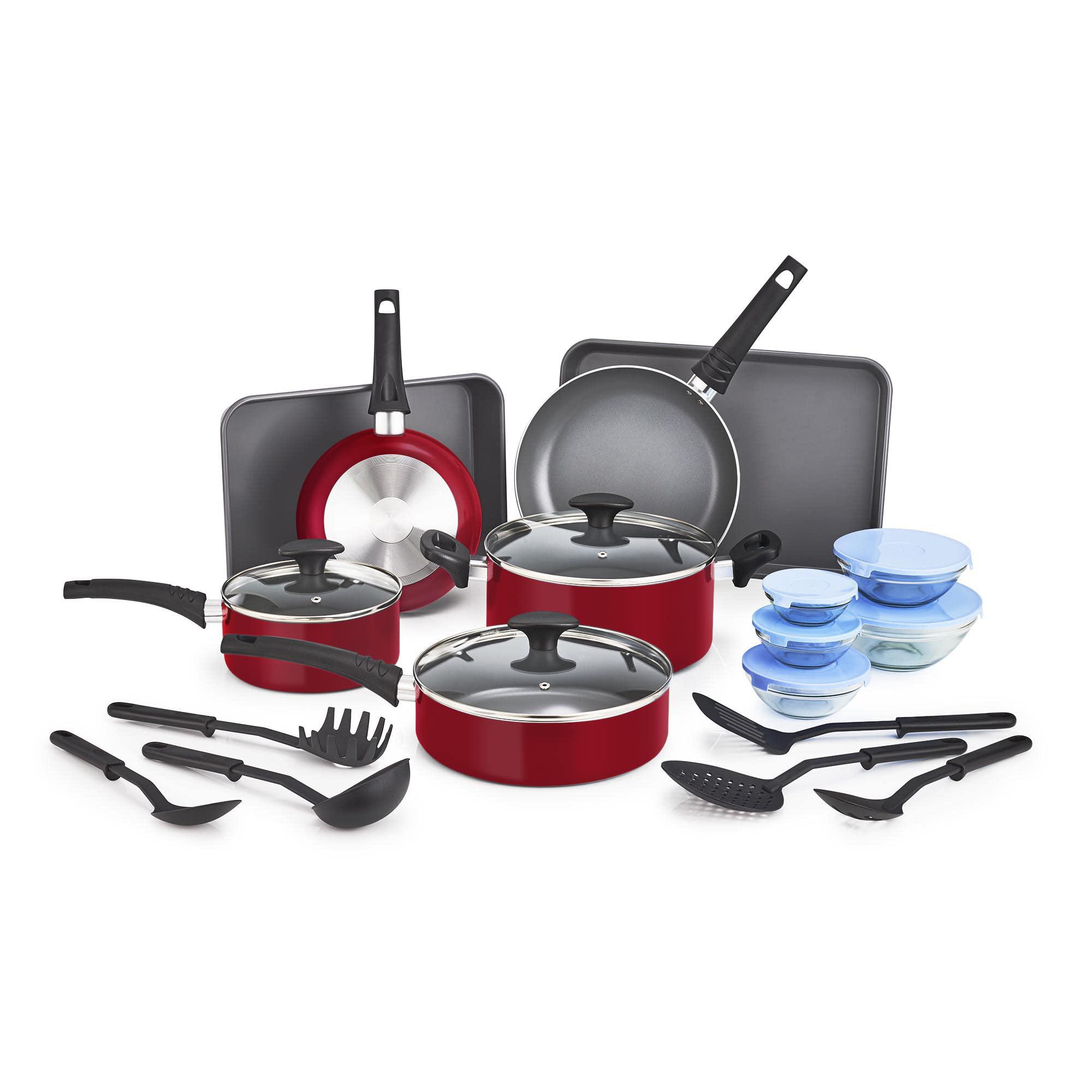 bella nonstick cookware set with glass lids - aluminum bakeware, pots and pans, storage bowls & utensils, compatible with all
