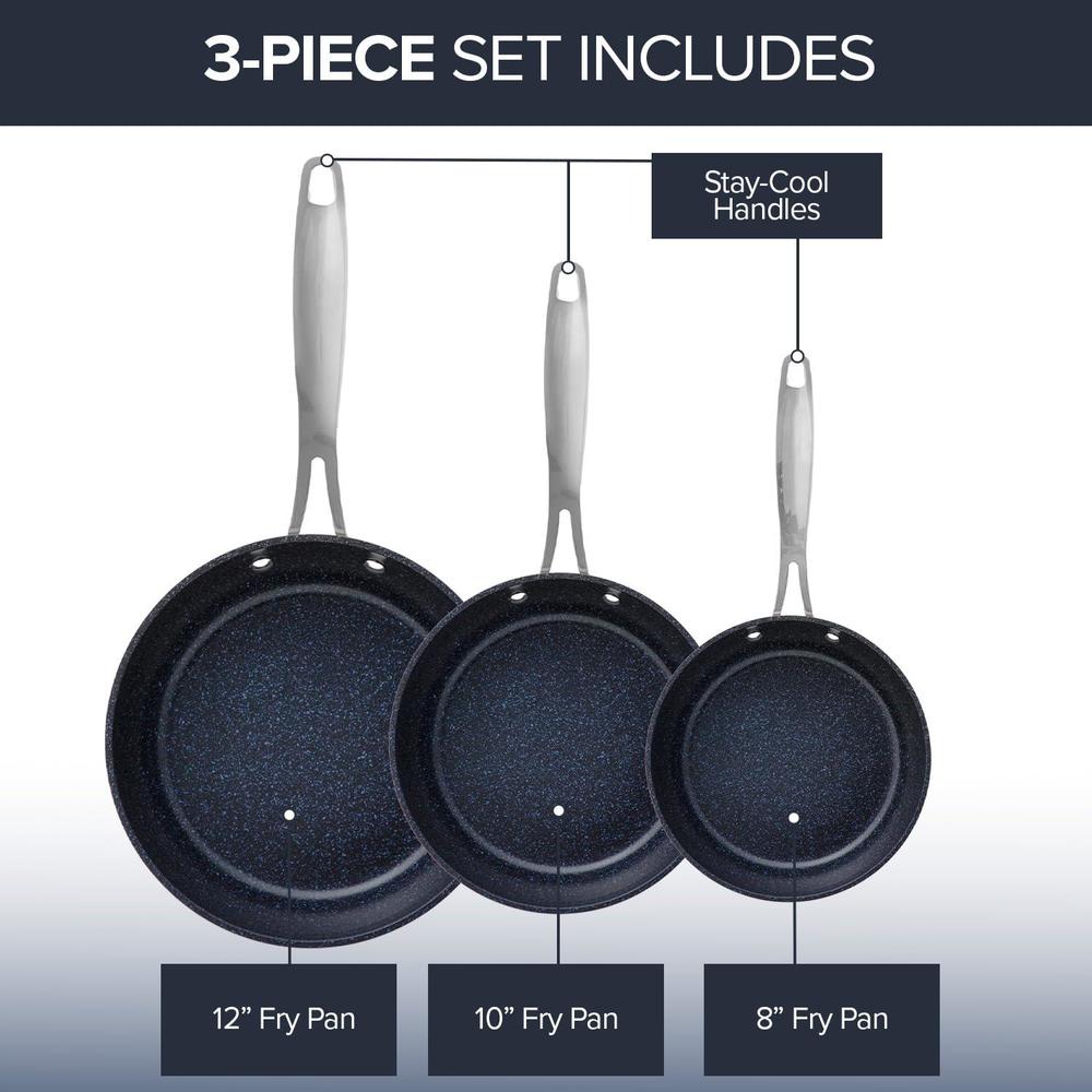 nuwave 3-piece 8, 10, 12 forged lightweight frying pan set, g10 healthy duralon blue ceramic ultra non-stick, ergonomic stay-