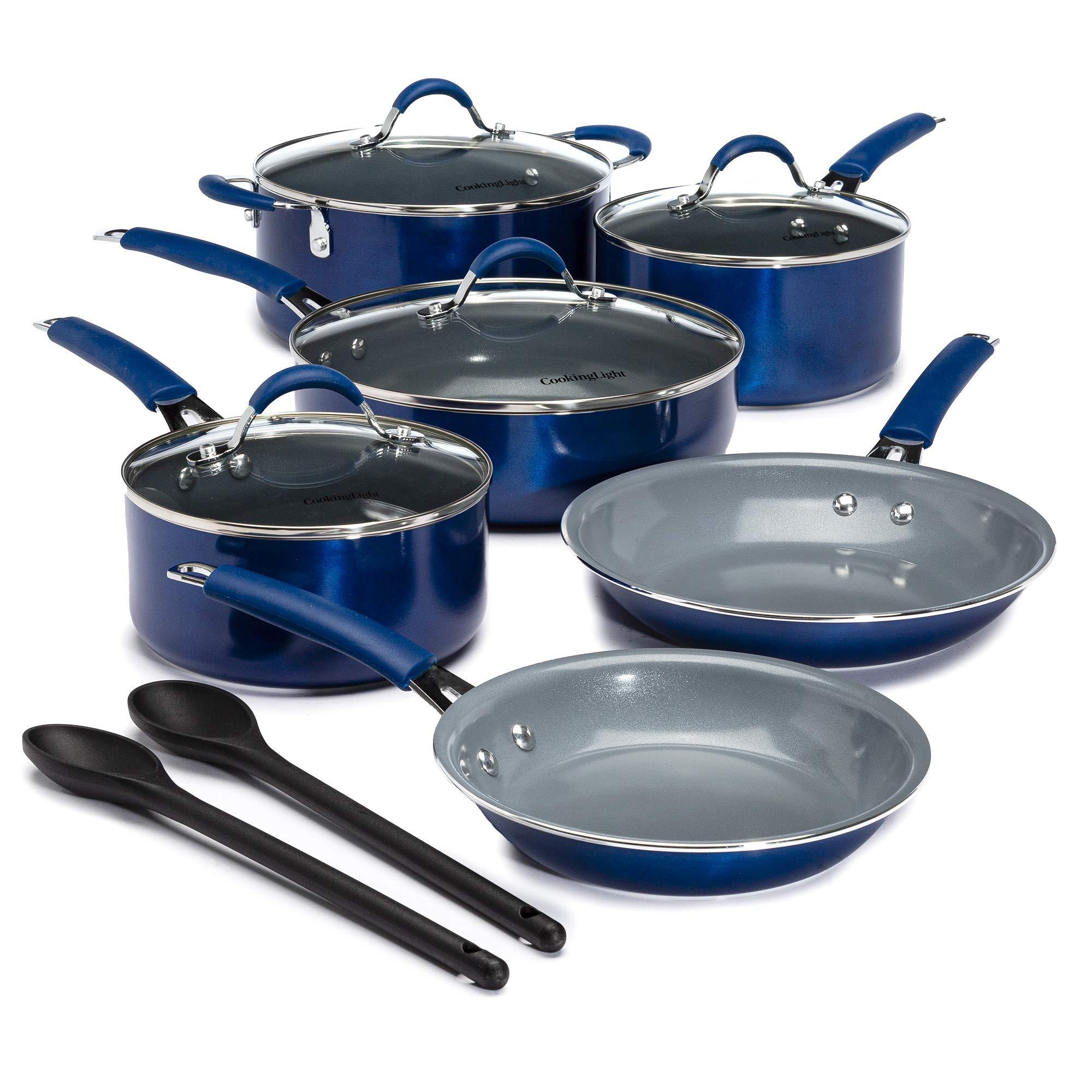 cooking light nonstick ceramic pots and pans set with silicone stay cool handles, dishwasher safe, 12-piece cookware set, blu