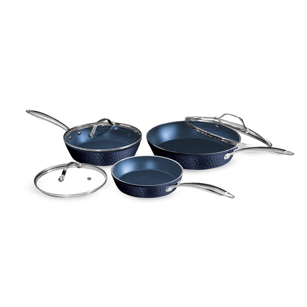orgreenic ceramic pans for cooking - 3 piece cookware set with lids, blue hammered design lightweight & durable non stick fry
