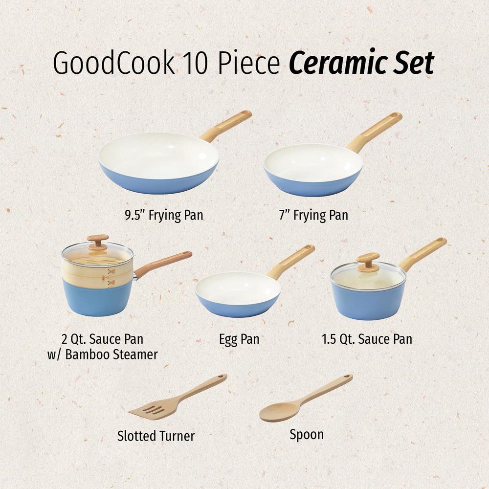 goodcook 10-piece healthy ceramic titanium-infused cookware set with pots, pans, steamer, spoon, and turner, nonstick pots an