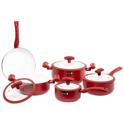 Mundial pots and pans set nonstick ceramic - 9-piece non stick frying pan and cooking pot set - red aluminum pans, ceramic coating, g