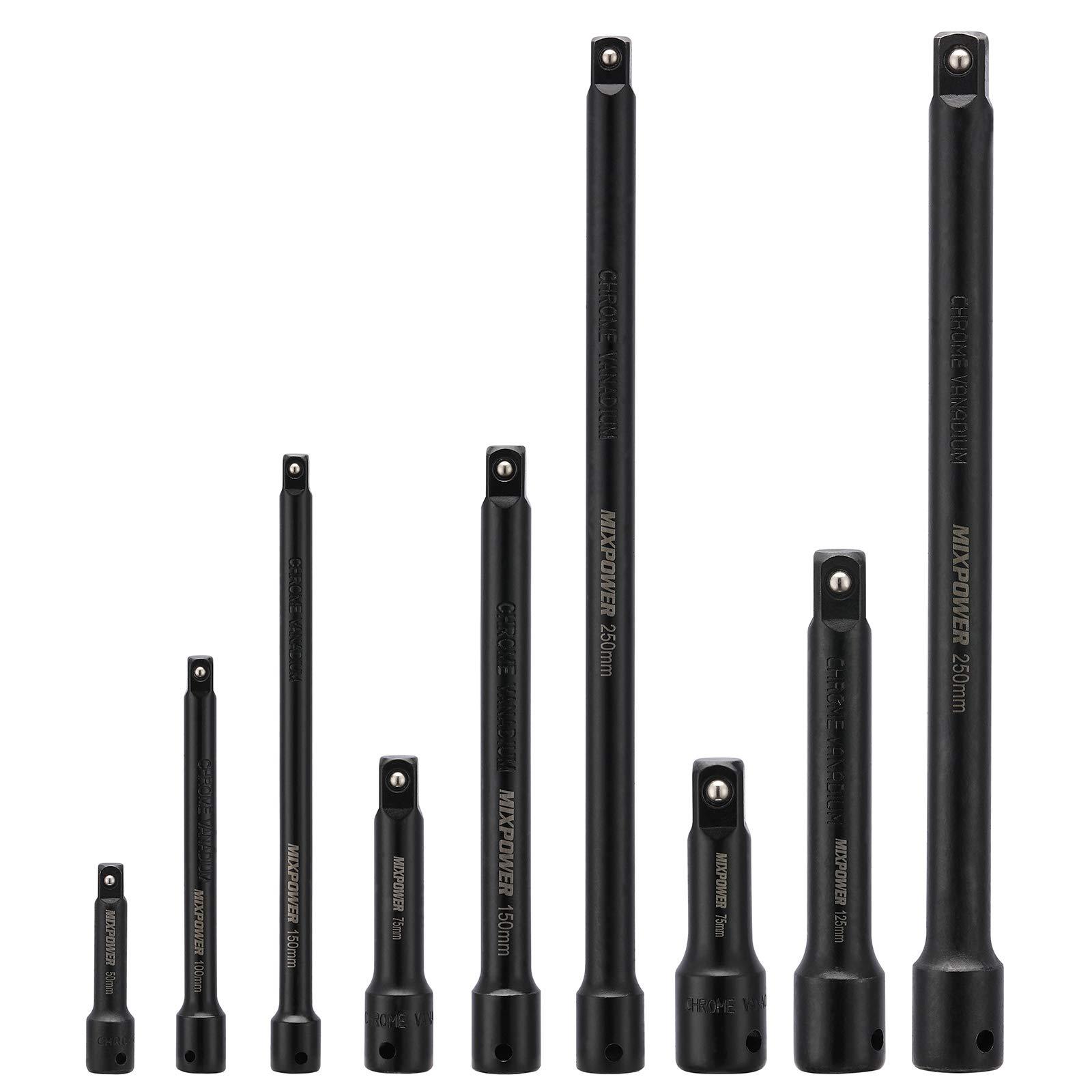 mixpower 9-piece extension bar set, 1/4", 3/8" and 1/2" drive socket extension, premium chrome vanadium steel with black phos