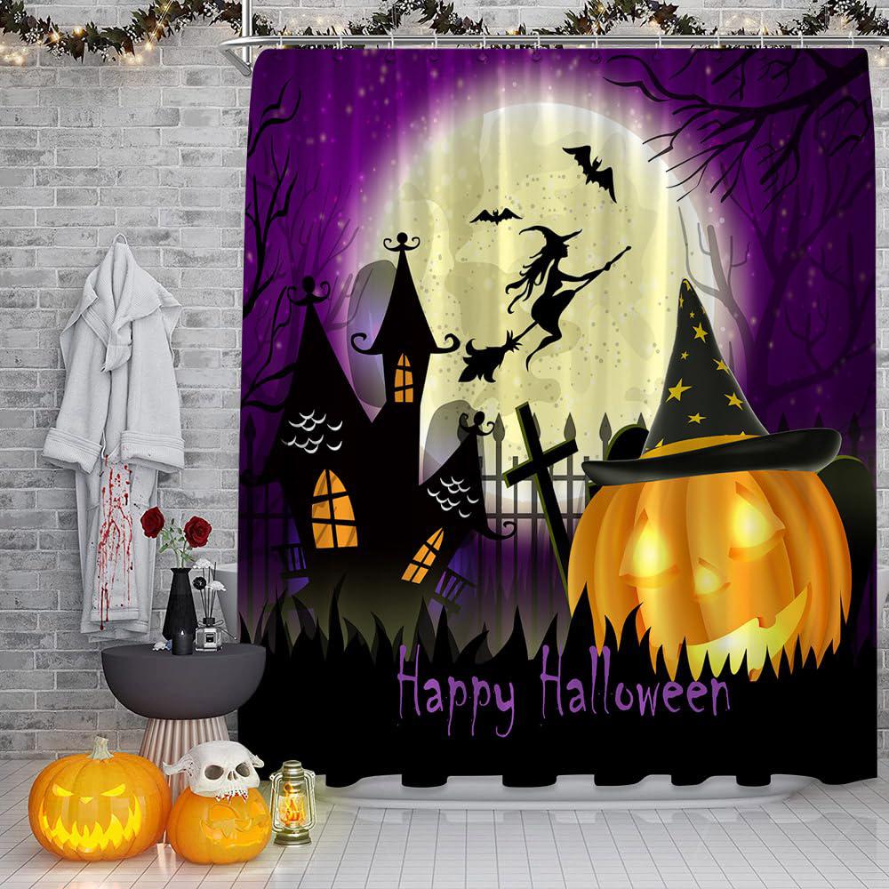 kkiayy halloween shower curtain pumpkin lantern haunted castle full moon night haunted bat horror bath decor polyester with h