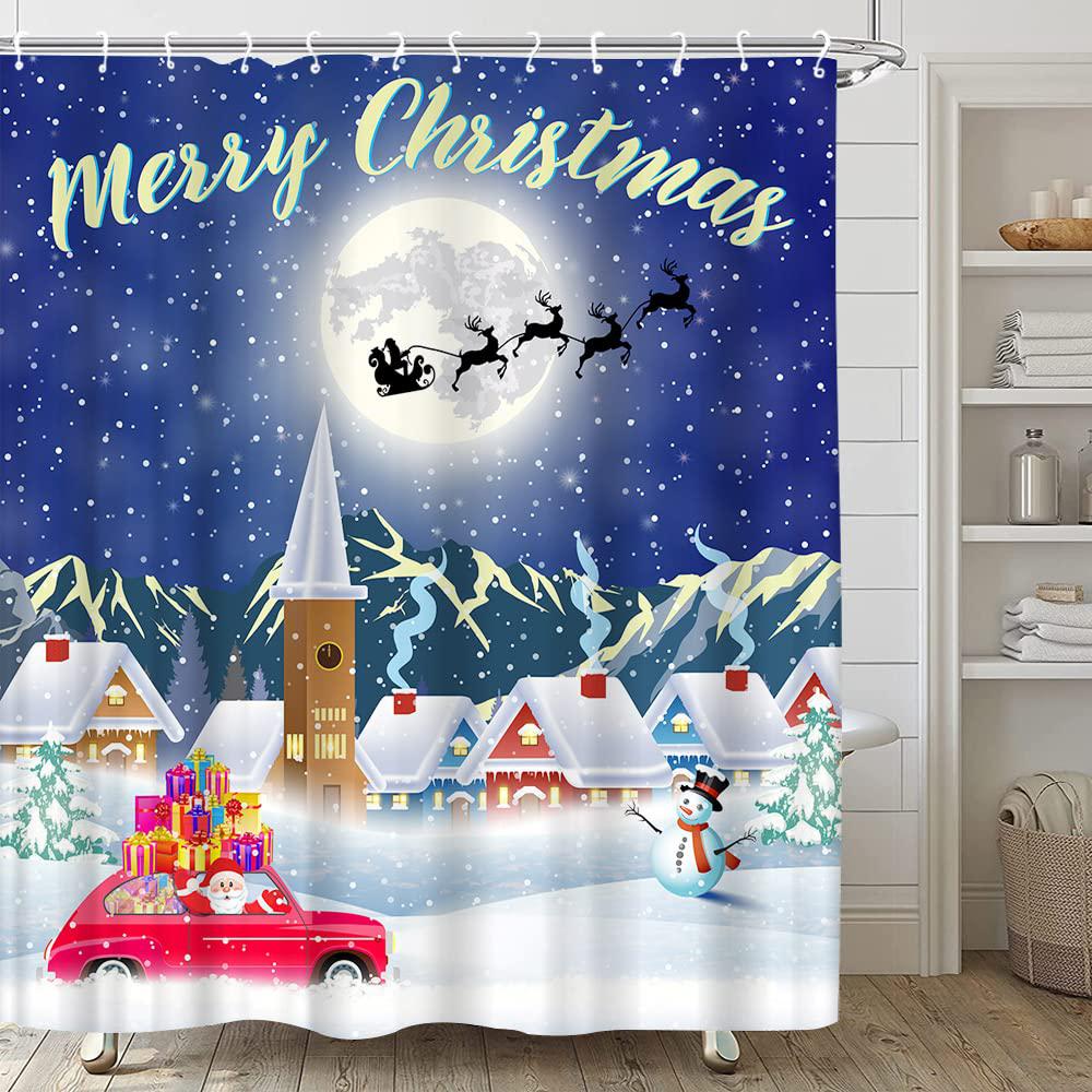 tenvsin merry christmas shower curtain santa claus sleigh reindeer winter snow snowflake xmas snowman village country fabric bathroom