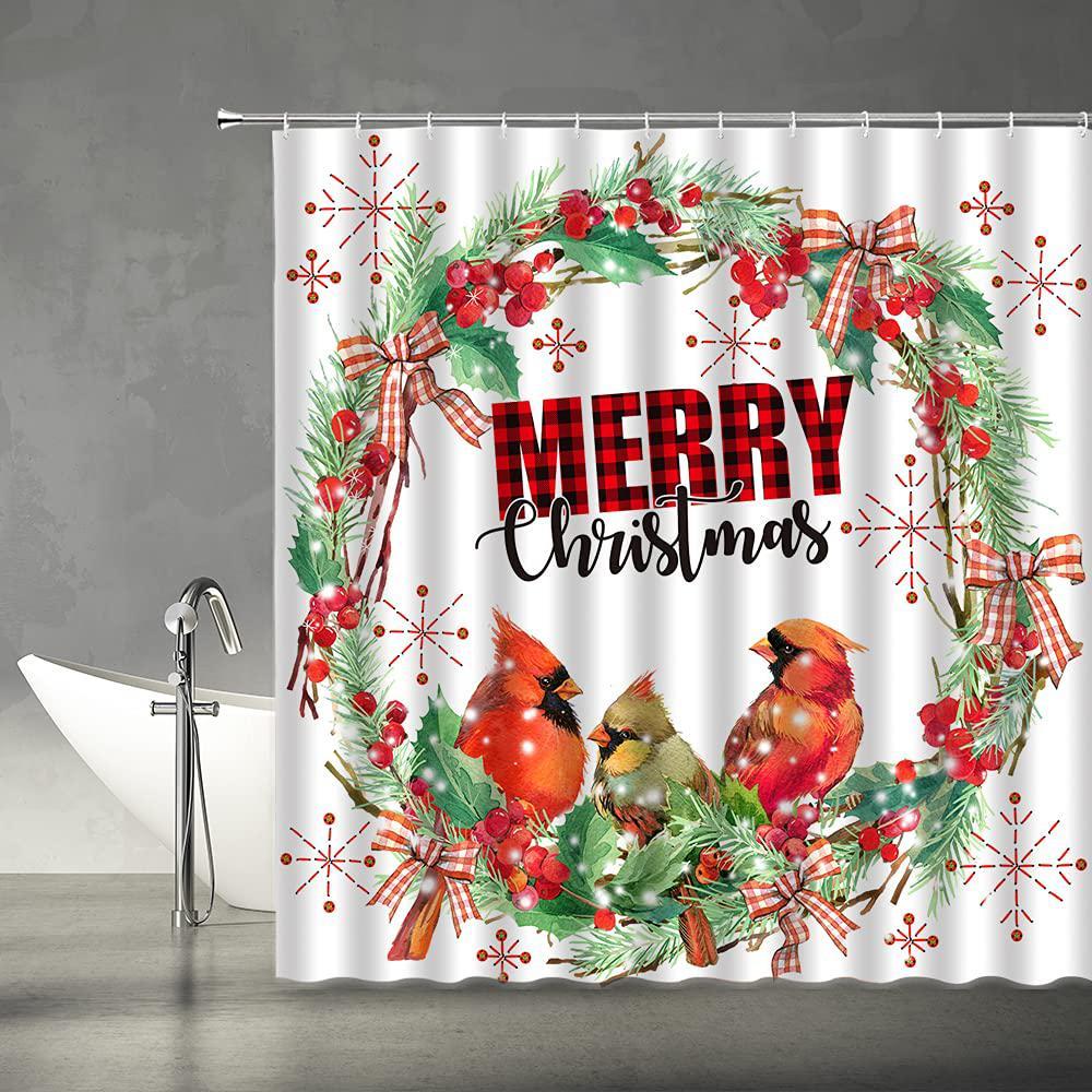 msaynfg merry christmas shower curtain christmas wreath red cute bird berry snowflake red black buffalo check lattice holiday