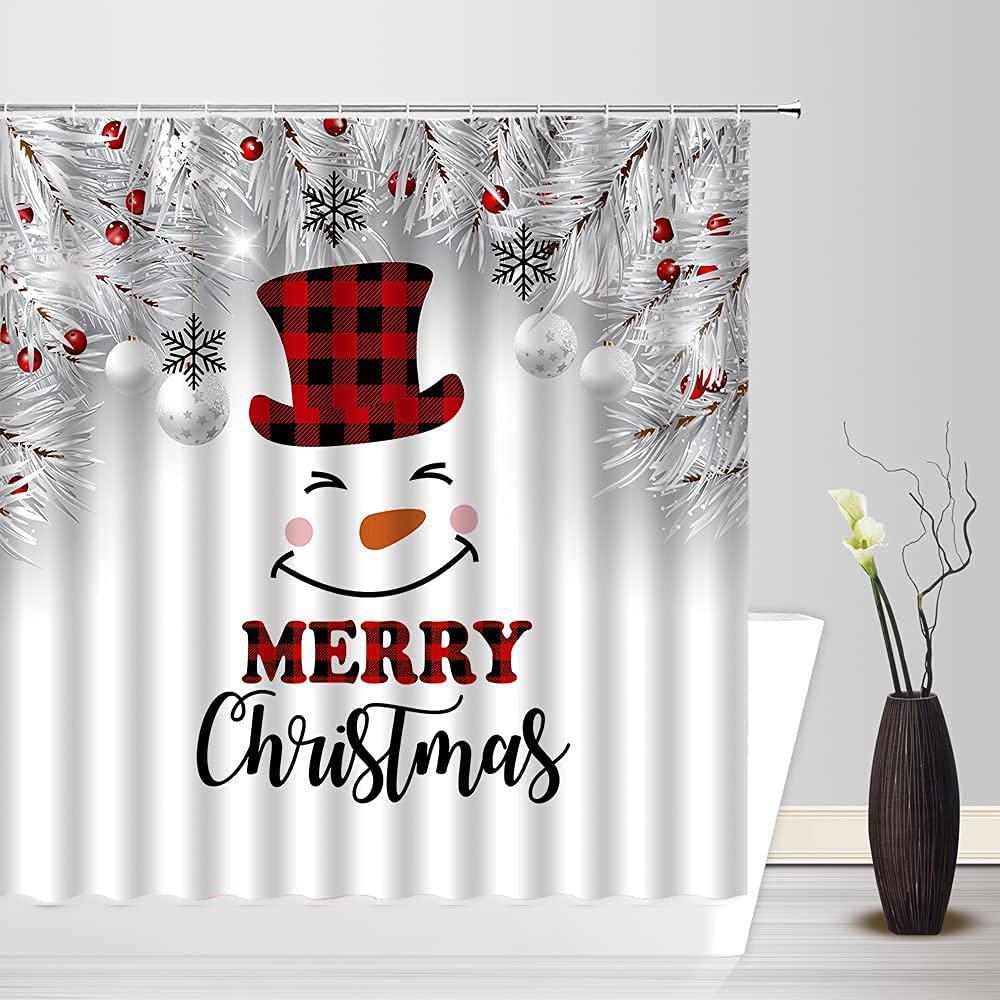 SUNHE christmas snowman shower curtain red black buffalo plaid cute snowman gray pine twig xmas ball snowflake funny merry christma