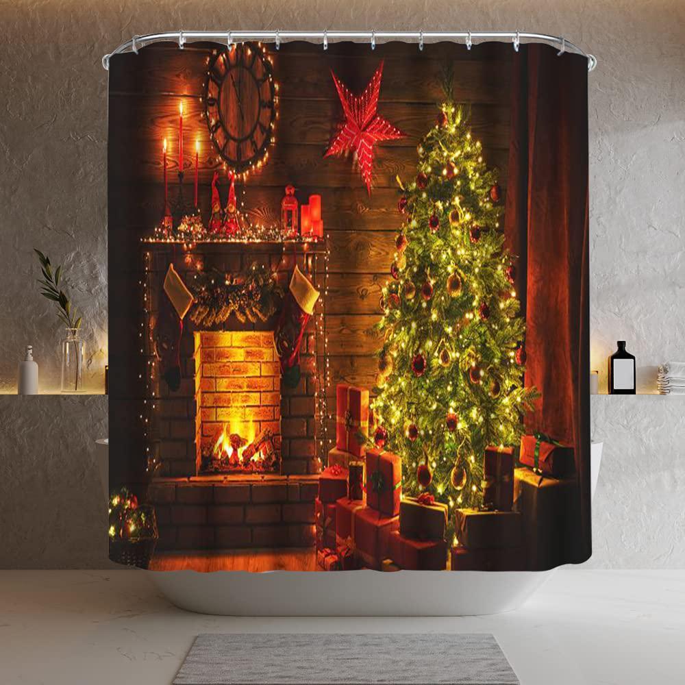hying christmas shower curtain set for bathroom, christmas tree waterproof bath curtain with hooks for home decorations gifts