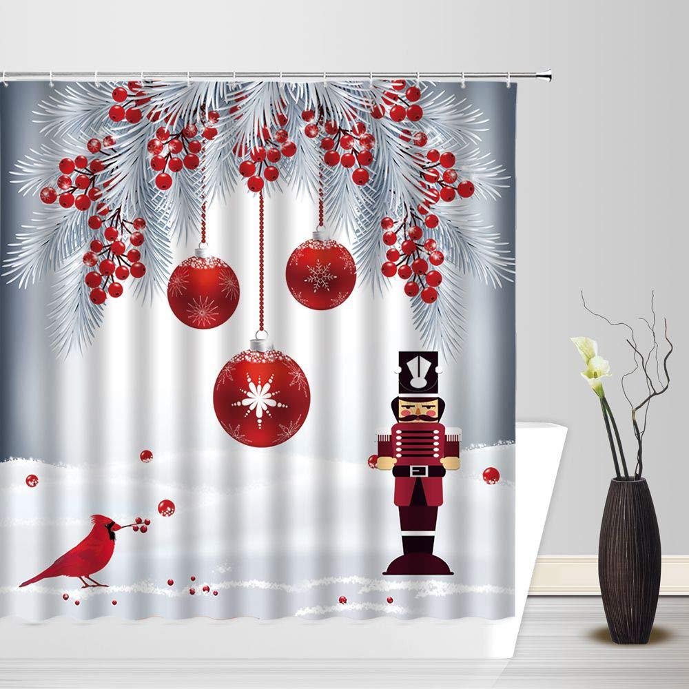 SUNHE merry christmas shower curtain the nutcracker red birds christmas gray ball pine branch berry snowflake snowy winter holiday 