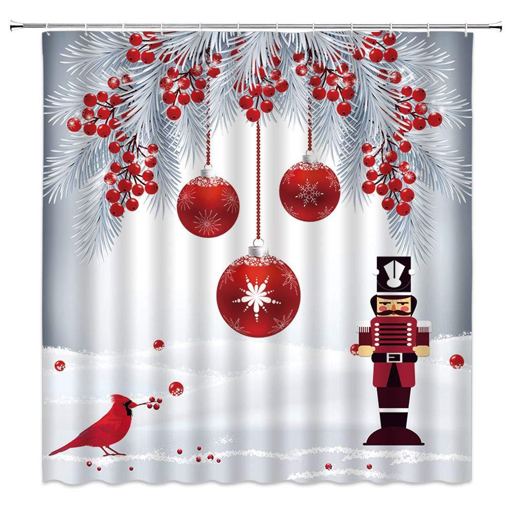 SUNHE merry christmas shower curtain the nutcracker red birds christmas gray ball pine branch berry snowflake snowy winter holiday 