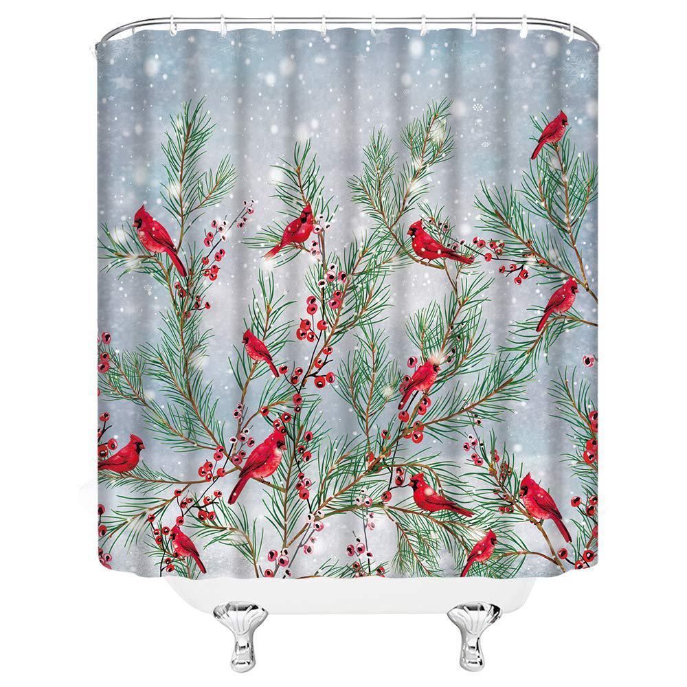 SUNHE christmas red bird shower curtain winter snowy day pine tree branch red xmas bird snowflake berry merry christmas dreamy sky 