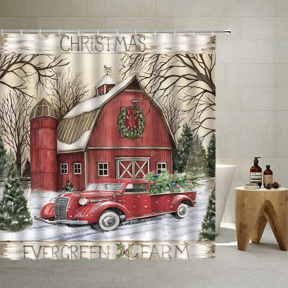 qyvlhd christmas red truck shower curtain rustic vintage car xmas pine fir tree barn snowfield farmhouse winter snowflake antique wo