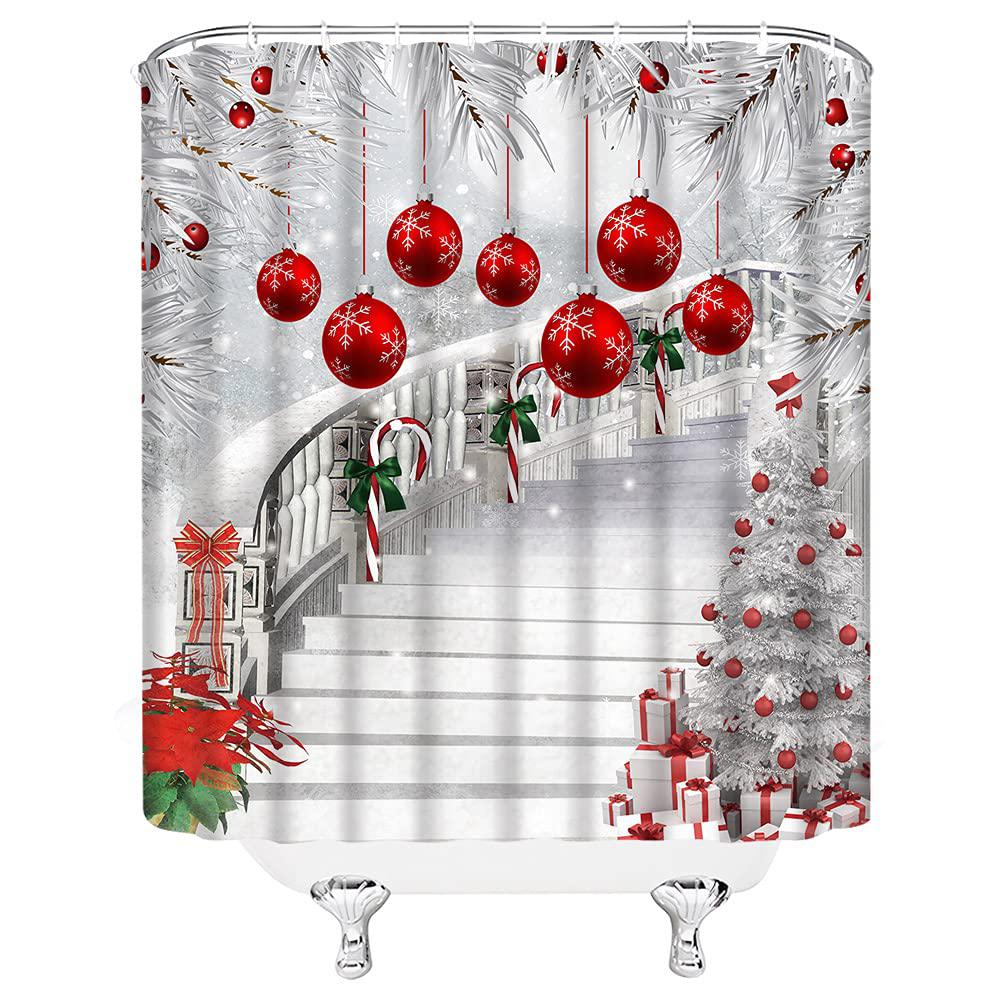 EDOMGNIH merry christmas shower curtain red christmas balls berry white night snow stairs christmas tree winter box eve new year fabri