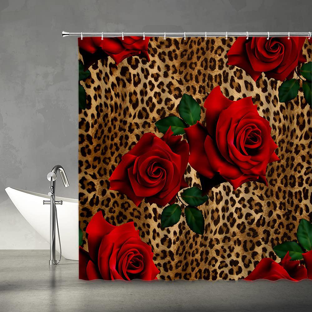 ASVEAS leopard flower shower curtain red rose floral valentine's day wild animal print mix skin pattern creative modern woman fabric
