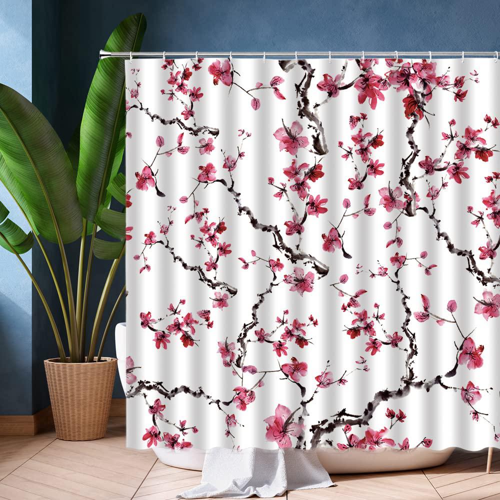 Evrcvar Cherry Blossom Shower Curtain Red Plum Fl Anese Watercolor Flower Aesthetic Blooming Asian Traditional Ink Pai