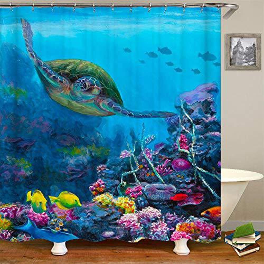 finli sea turtle shower curtain, watercolor marine life turtle fishes and coral reef underwater ocean waterproof polyester fa
