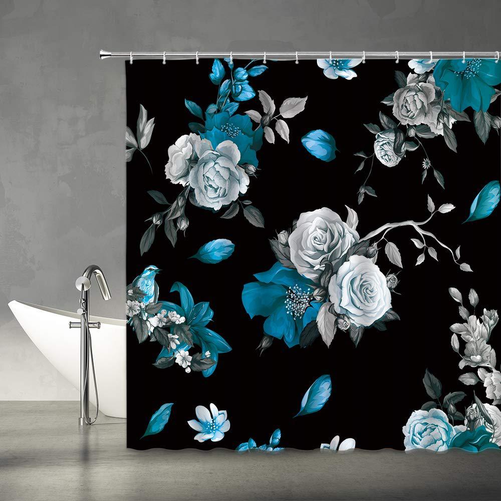 AMFD black floral shower curtain vintage watercolor rose peony blue gray flower plant leaves art print retro fabric bathroom decor