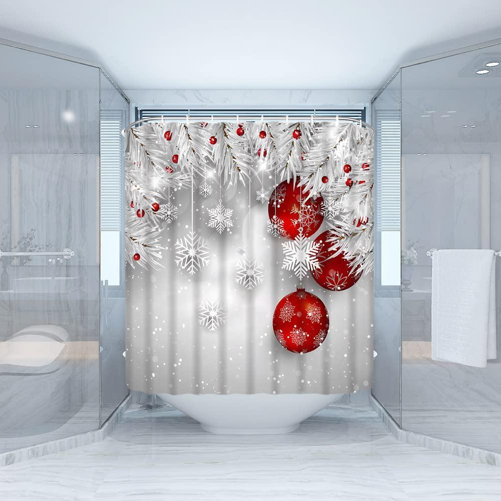 SUNHE merry christmas shower curtain red xmas ball berry gray silver pine tree twig winter holiday seasonal festival fabric bathroo