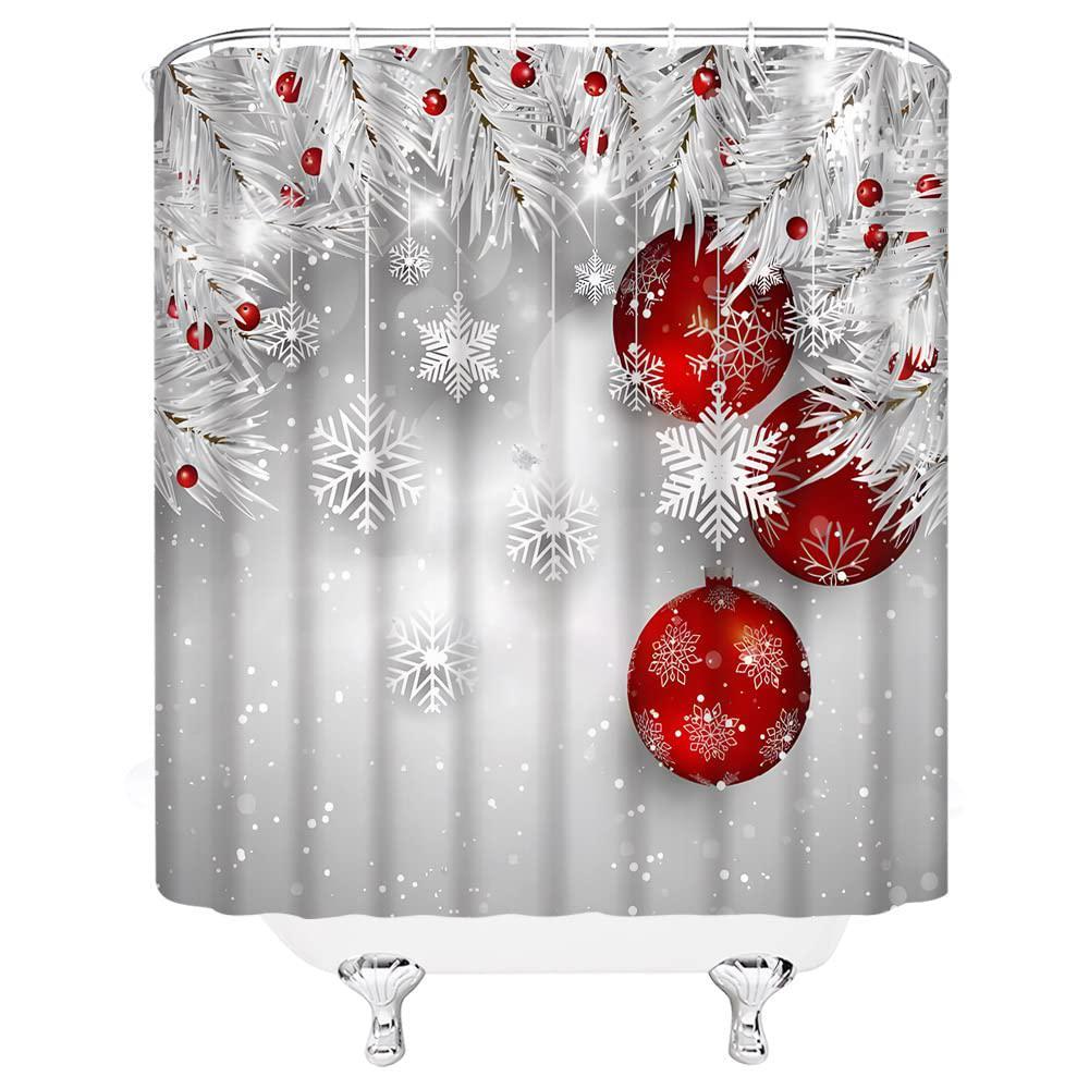 SUNHE merry christmas shower curtain red xmas ball berry gray silver pine tree twig winter holiday seasonal festival fabric bathroo