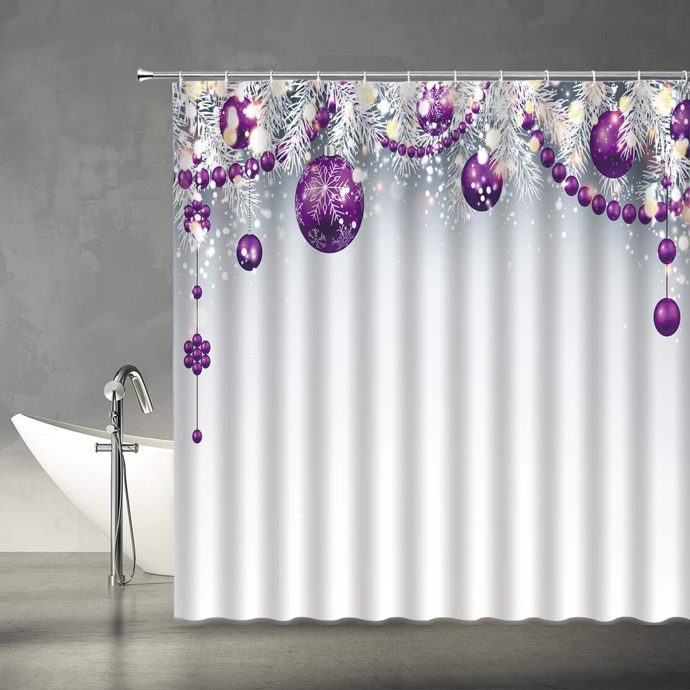 xzman merry christmas shower curtain purplt christmas ball white pine leaves snow shiny xmas festive decoration fabric bathro