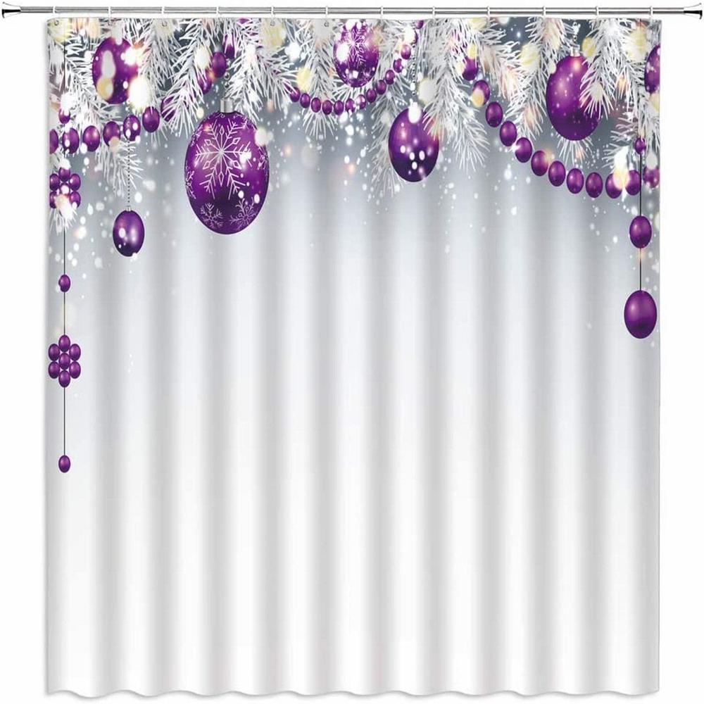 xzman merry christmas shower curtain purplt christmas ball white pine leaves snow shiny xmas festive decoration fabric bathro