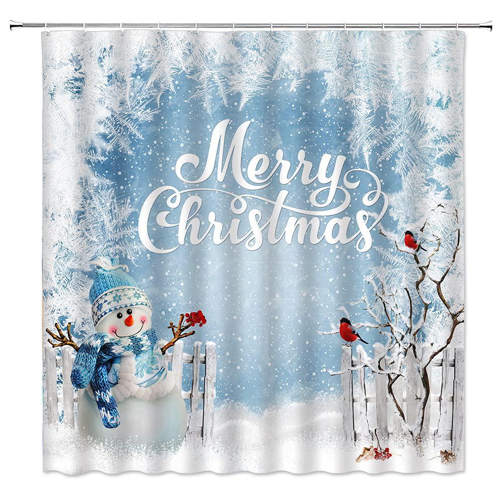zkjsmgs merry christmas shower curtain xmas snowman tree cardinals snowflake winter holiday festival wild cartoon blue white 