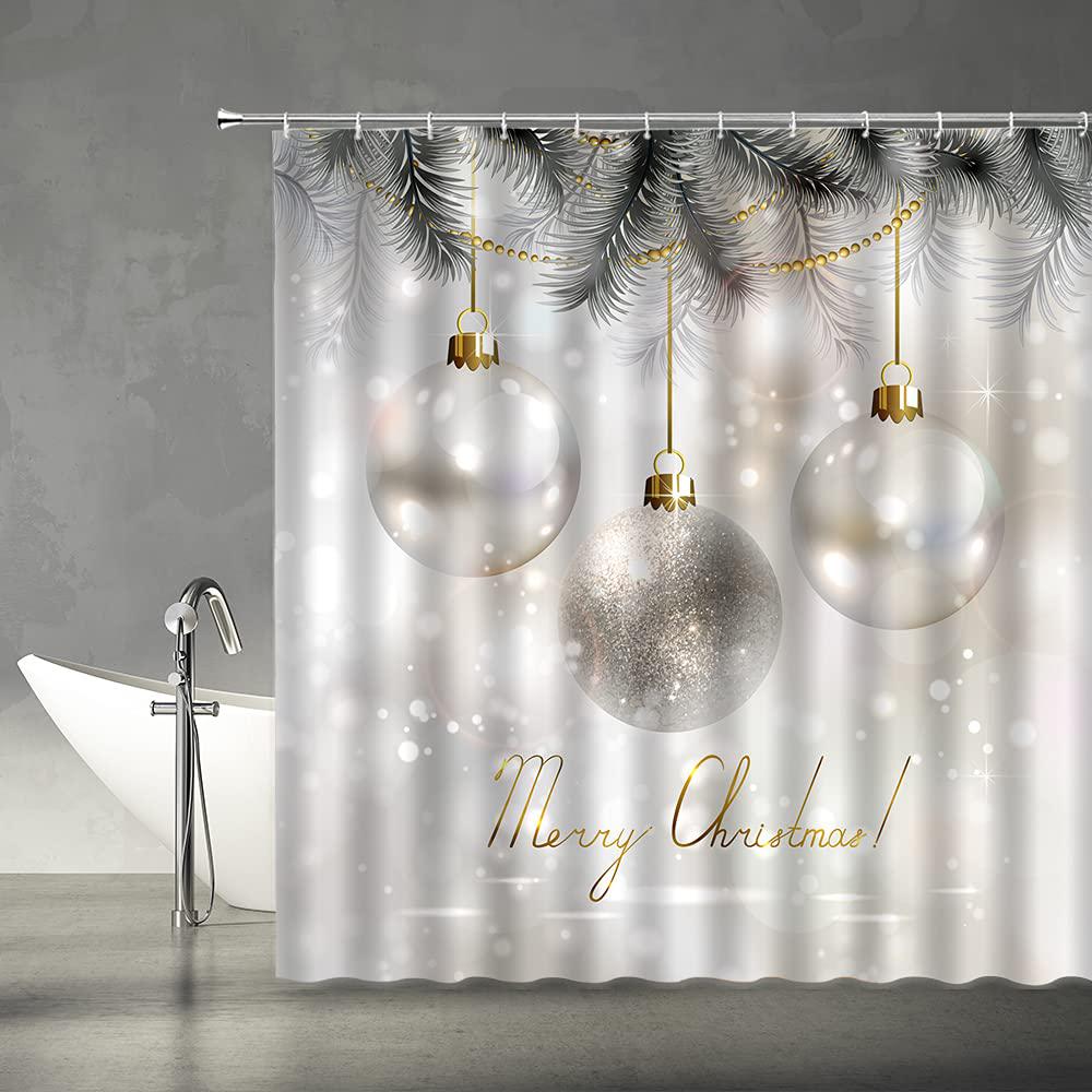 ysatnsft merry christmas shower curtain silver xmas ball pine leaves happy new year dream winter season festvral theme fabric