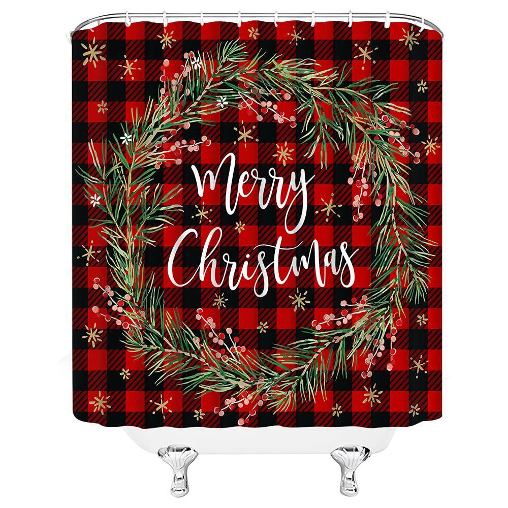 showchang merry christmas shower curtain christmas wreath snowflake black and red buffalo check plaid xmas berry winter holiday happy n