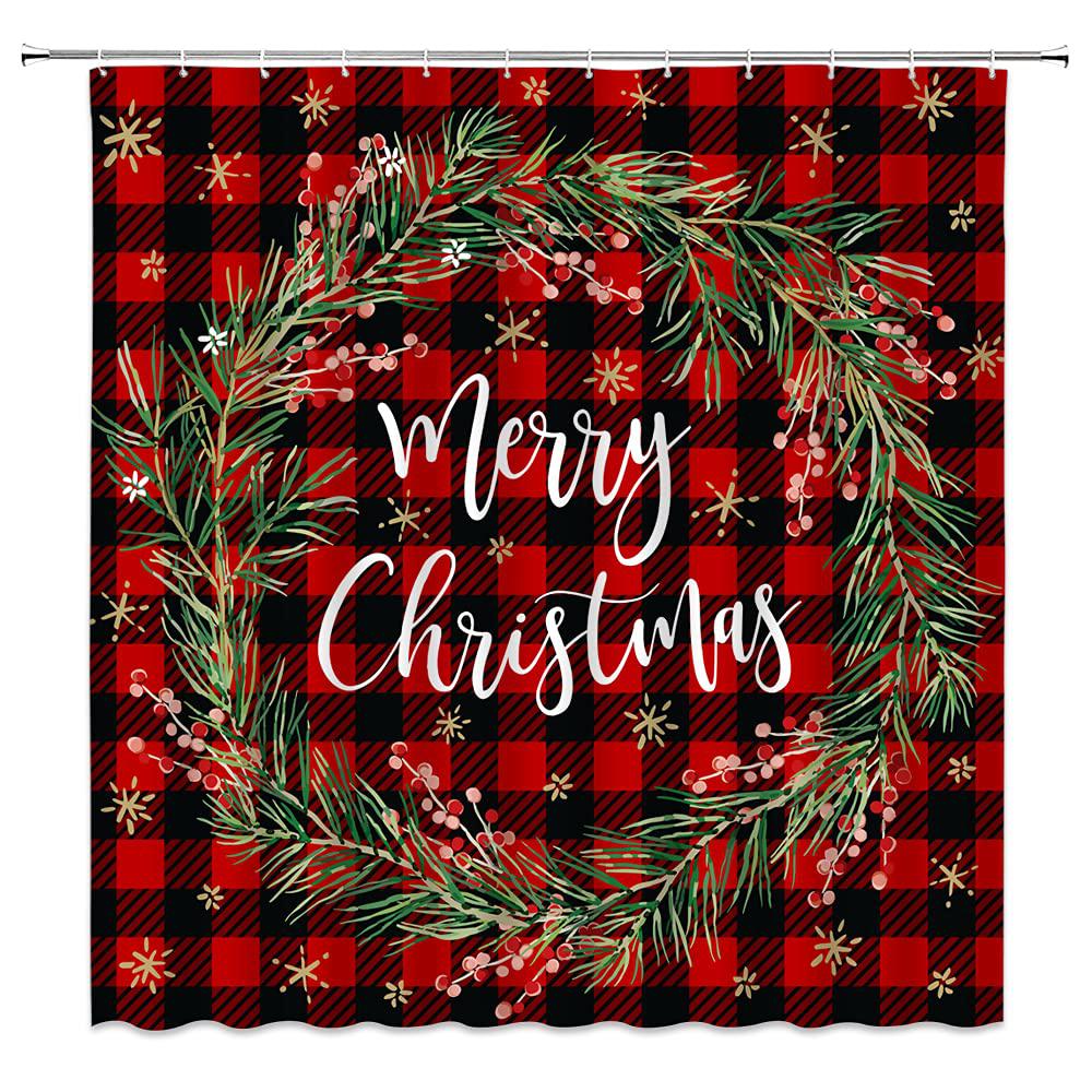 showchang merry christmas shower curtain christmas wreath snowflake black and red buffalo check plaid xmas berry winter holiday happy n