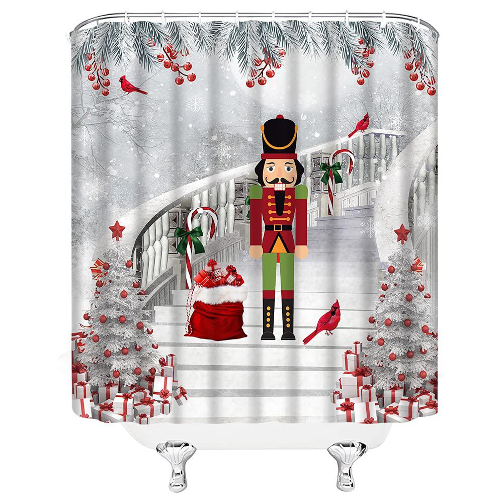 gctnbjl merry christmas shower curtain the nutcracker christmas tree red balls gift box pine twig berry white night snow stai