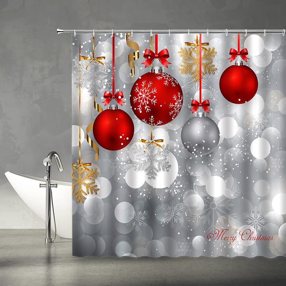 msaynfg merry christmas shower curtain xmas red christmas ball silver background snowflake winter holiday happy new year fabric bathr