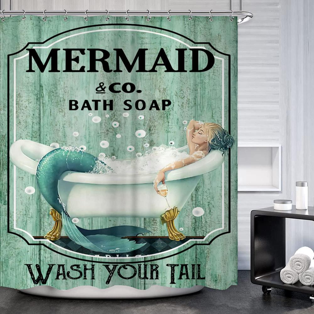 famiffty mermaid shower curtain mermaid bathroom set 72wx72l inch little mermaid shower curtain teal green wash your tail fun