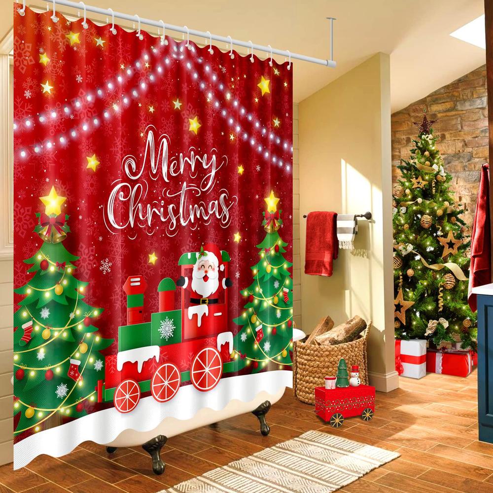 rumia christmas shower curtain for bathroom, merry christmas shower curtain set red truck santa claus waterproof bathroom dec