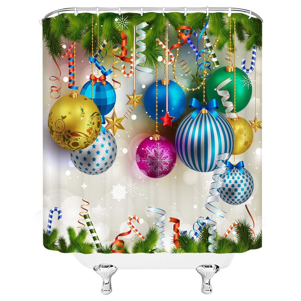 amnysf merry christmas shower curtain colorful xmas balls green pine branches happy new year decor fabric bathroom curtains, 