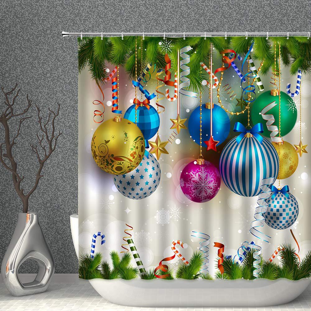 amnysf merry christmas shower curtain colorful xmas balls green pine branches happy new year decor fabric bathroom curtains, 