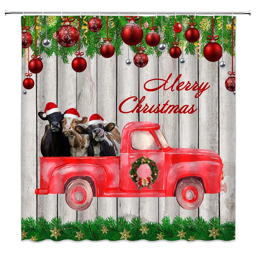 tomengbei kk merry christmas shower curtain farmhouse cow xmas balls truck pine tree twig farm animal wear hat rustic wooden board buffalo