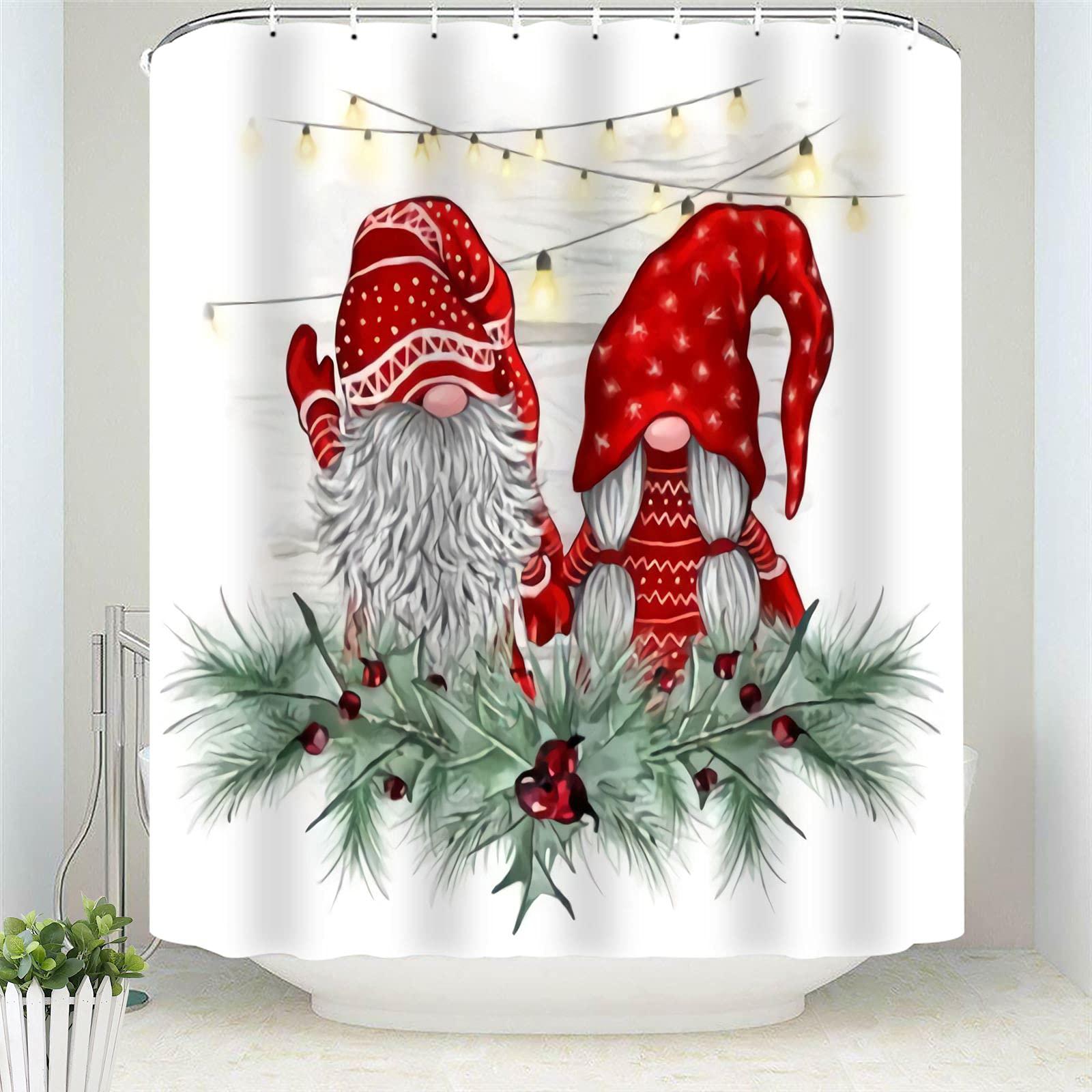 fjtp merry christmas xmas gnomes shower curtains set with 12 hooks waterproof polyester fabric bath decor curtain for bathroo