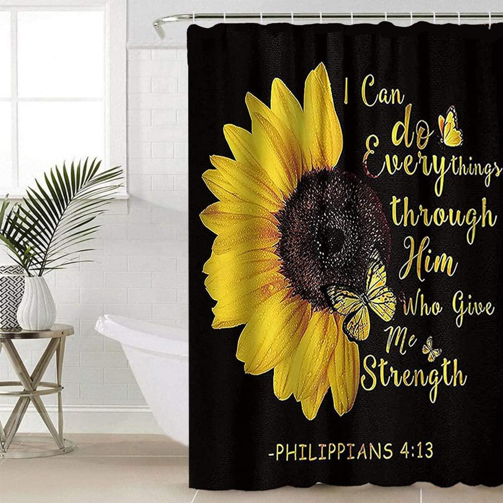ayulo 4pcs sunflower butterfly shower curtain sets yellow flower bathroom decor sets with non-slip rug, toilet lid cover and bath m