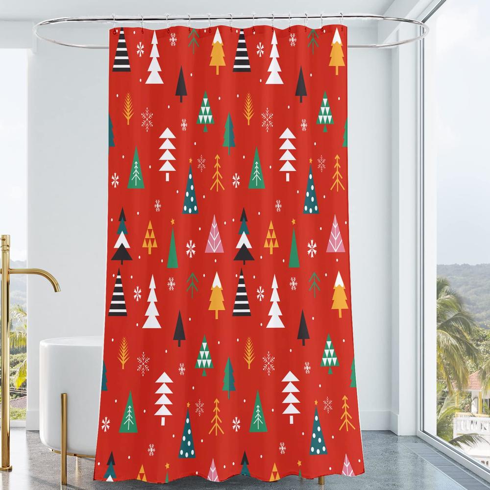 ao blare christmas shower curtain, christmas tree red background merry christmas polyester fabric shower curtain with hooks 7
