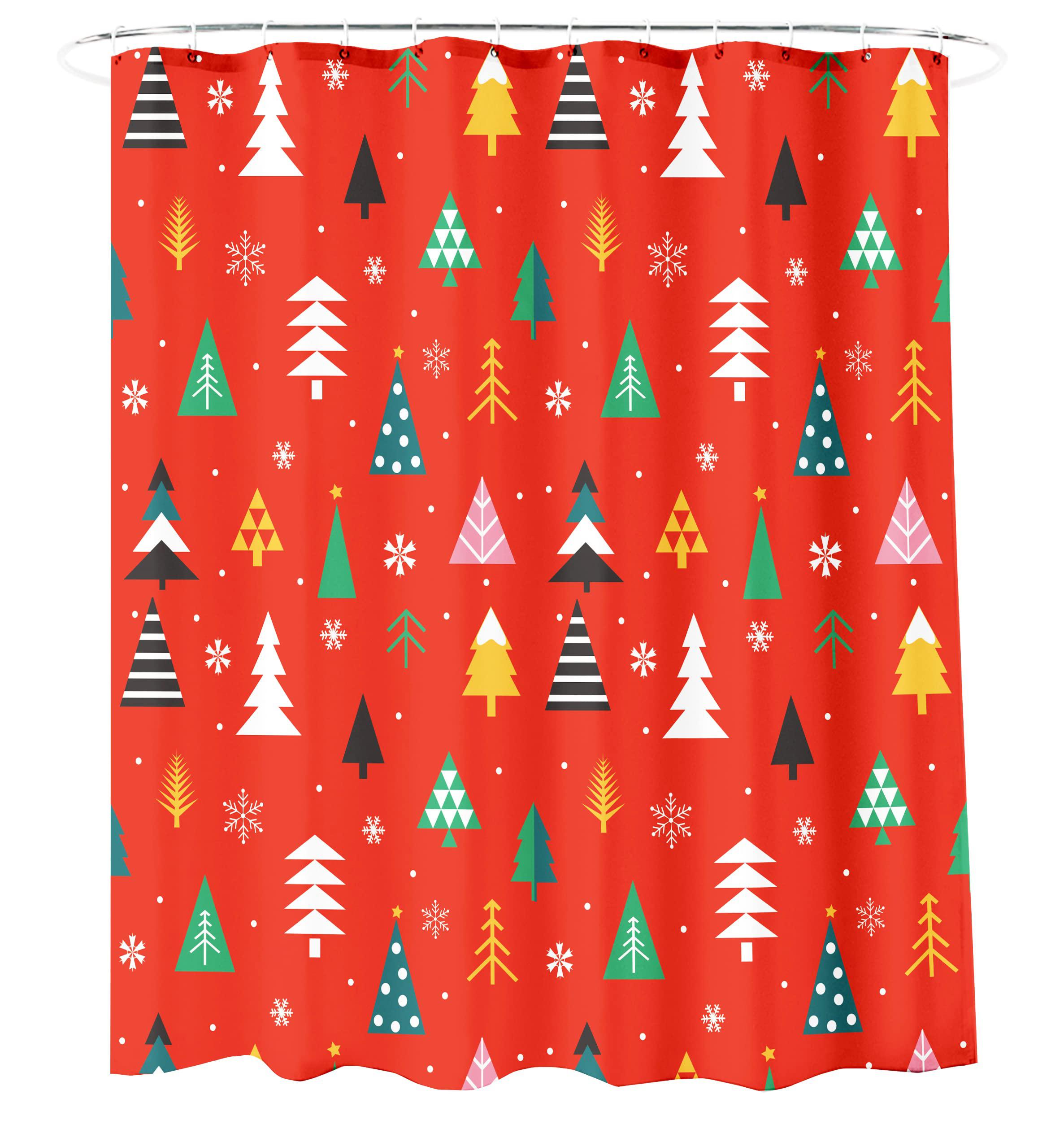 ao blare christmas shower curtain, christmas tree red background merry christmas polyester fabric shower curtain with hooks 7