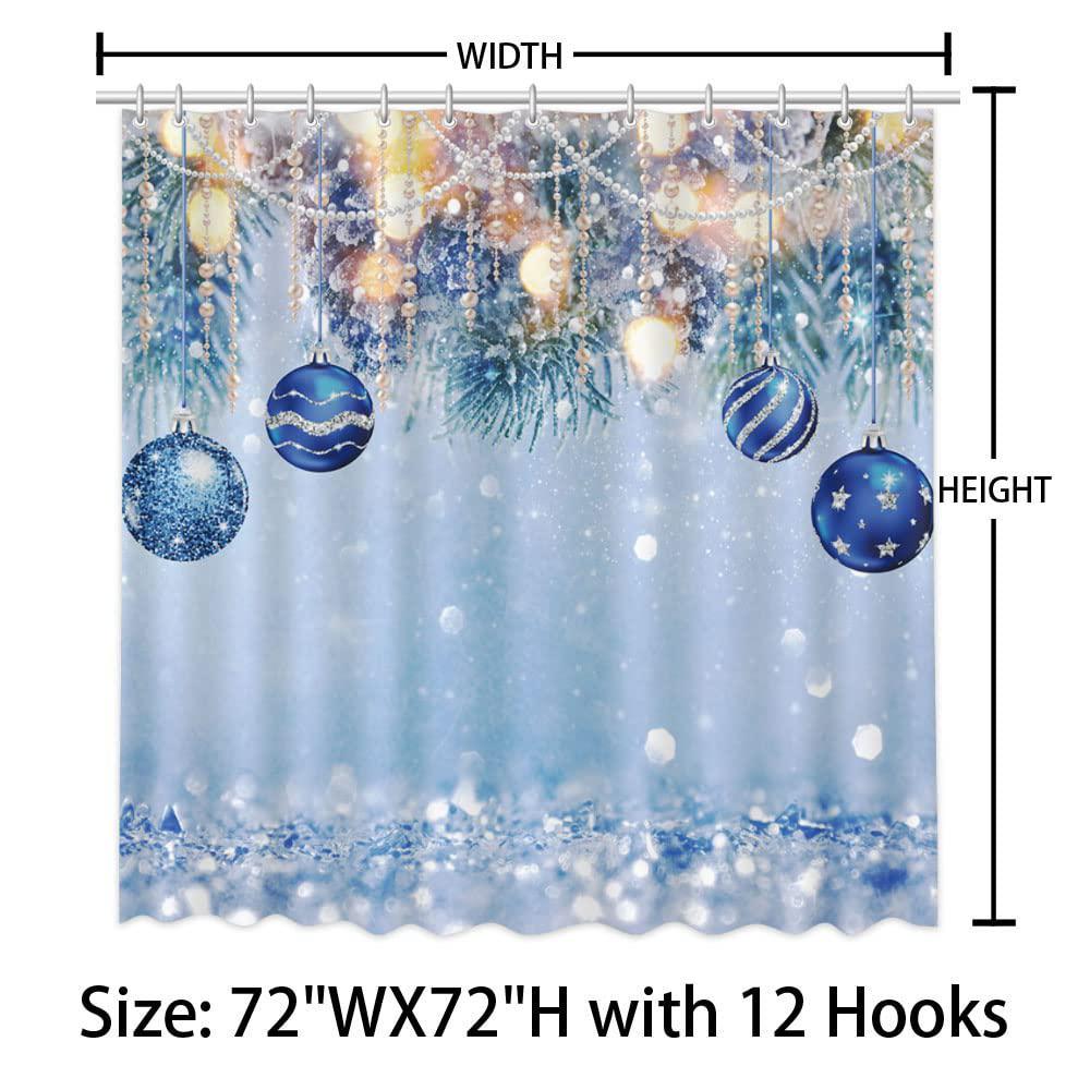aibiin christmas shower curtain for bathroom decorations with 12 plastic hooks christmas blue balls xmas tree branches small 